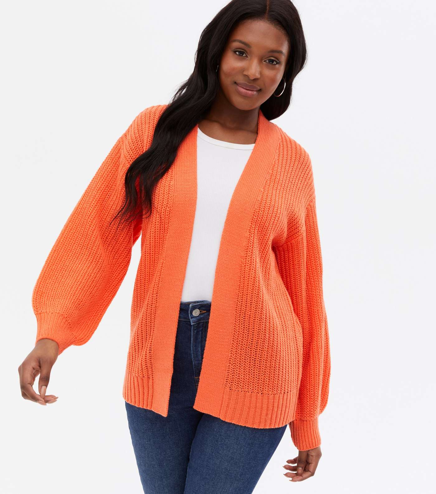 Bright Orange Knit Puff Sleeve Cardigan Image 3