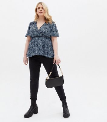 Click to view product details and reviews for Curves Blue Leopard Print Peplum Wrap Blouse New Look.