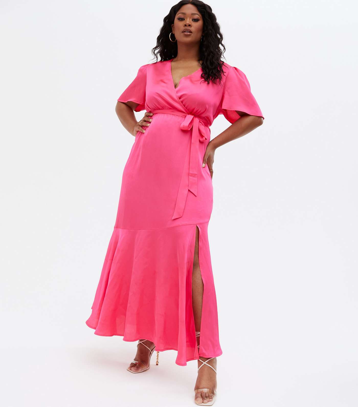 Curves Bright Pink Satin Asymmetric Belted Midi Wrap Dress Image 2