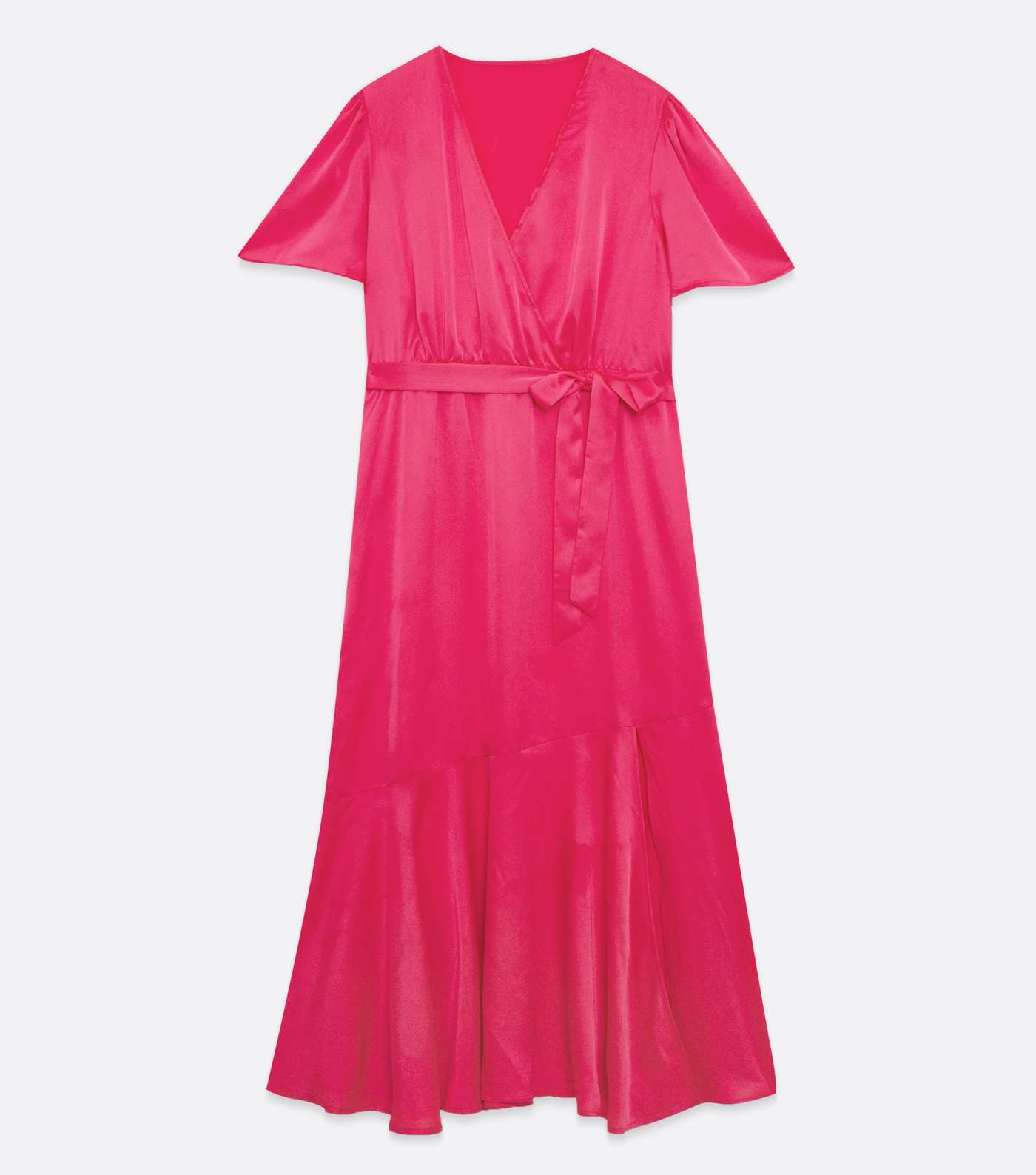 Curves Bright Pink Satin Asymmetric Belted Midi Wrap Dress Image 6