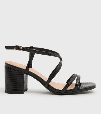 Black Widefit Croc Strappy High Block Heel Sandals | PrettyLittleThing USA