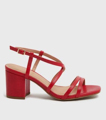 shop for Wide Fit Red Faux Snake Strappy Block Heel Sandals New Look Vegan at Shopo