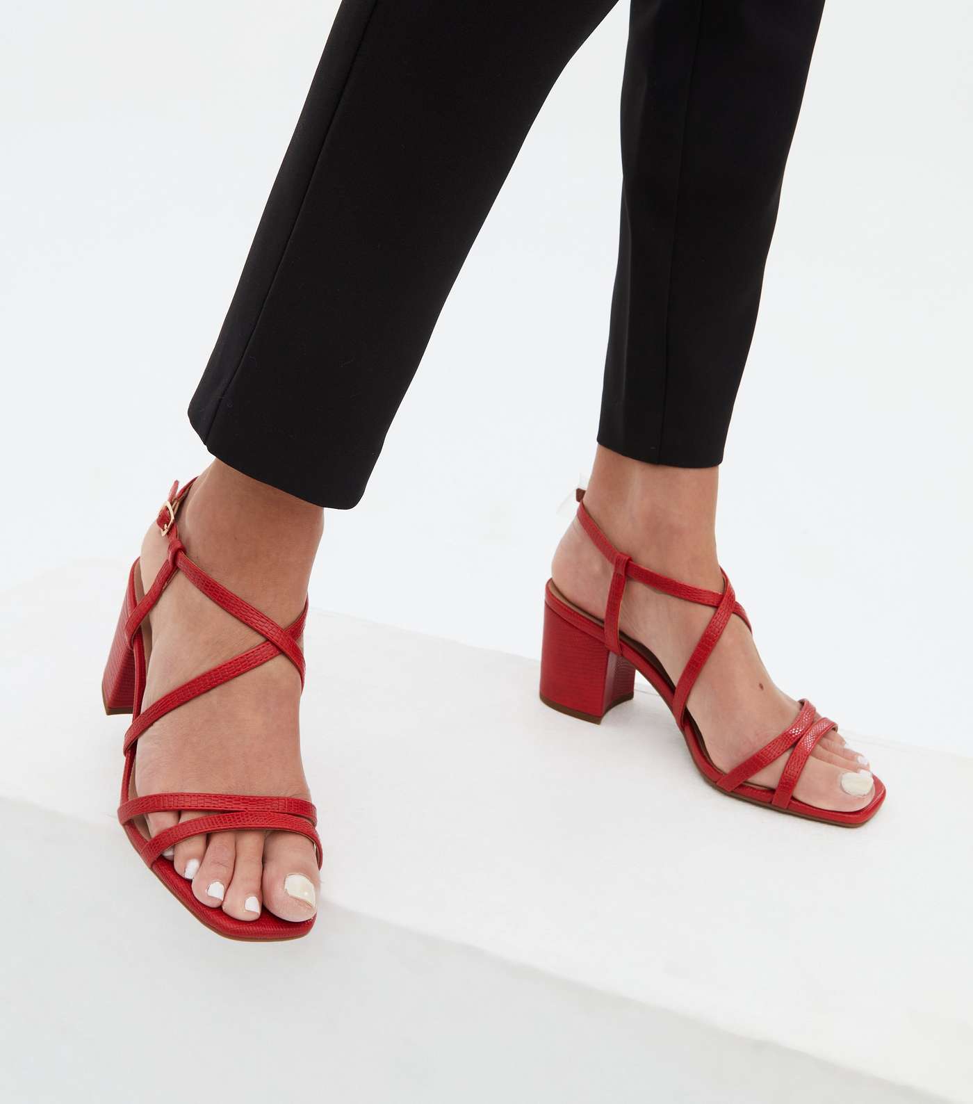 Wide Fit Red Faux Snake Strappy Block Heel Sandals Image 2