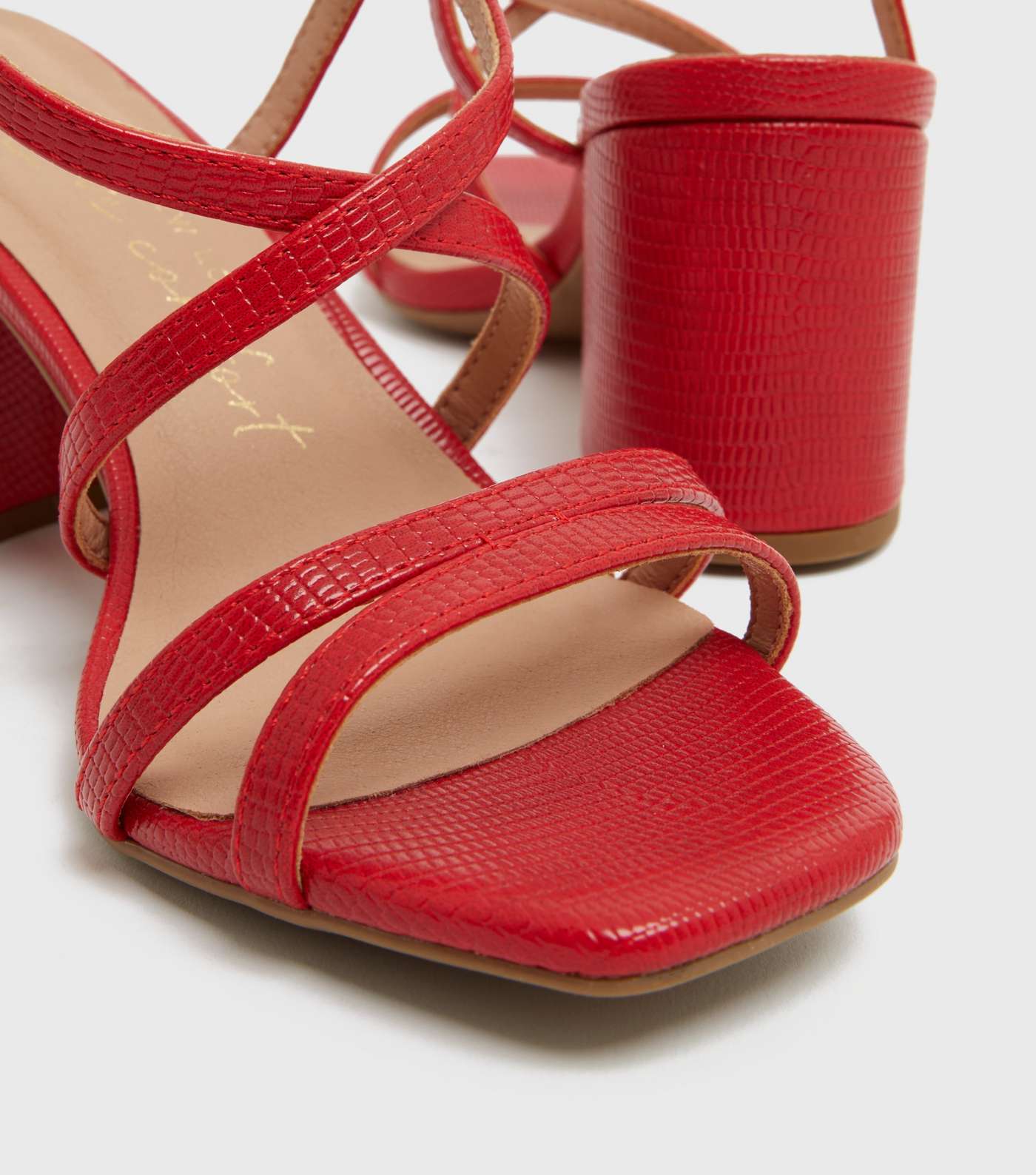 Wide Fit Red Faux Snake Strappy Block Heel Sandals Image 4