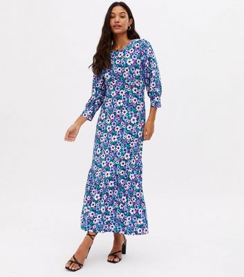 Blue Vanilla Purple Floral 3 4 Sleeve Tiered Midi Dress New Look