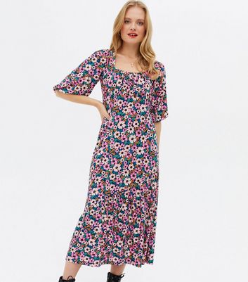 Blue Vanilla Pink Floral Ruched Midi Dress New Look