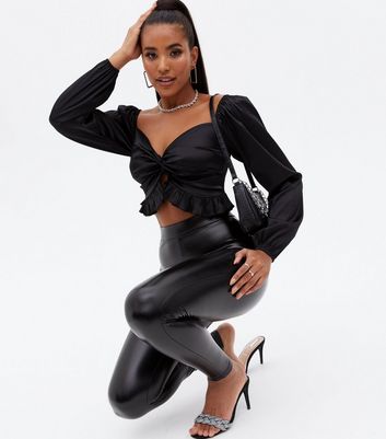 Pink Vanilla Black Satin Twist Frill Crop Top New Look