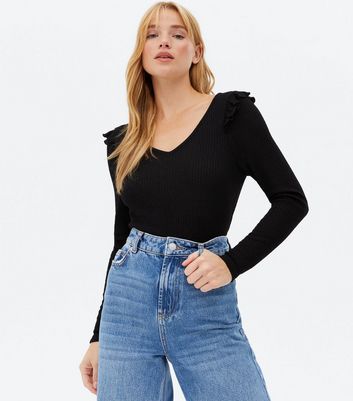 Black Ribbed Fine Knit Frill Long 