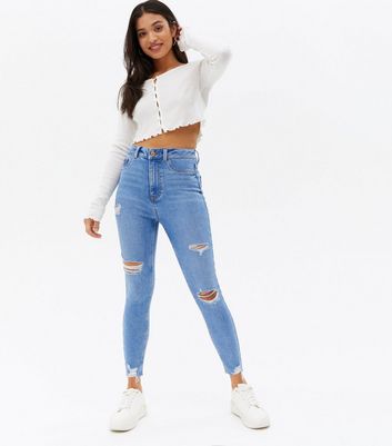 Petite Bright Blue Ripped High Waist
