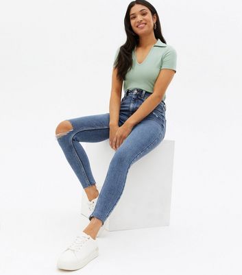 Click to view product details and reviews for Petite Blue Ripped High Waist Hallie Super Skinny Jeans New Look.
