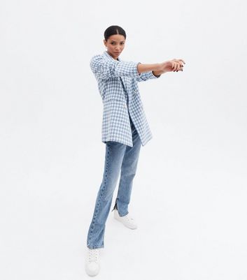 Blue Dogtooth Bouclé Oversized Blazer 