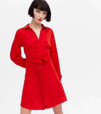 Red Revere Collar Mini Shirt Dress 