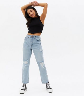 Petite Bright Blue Ripped High Waist Slim Fit Tori Mom Jeans