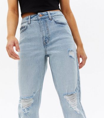 Click to view product details and reviews for Petite Bright Blue Ripped High Waist Slim Fit Tori Mom Jeans New Look.