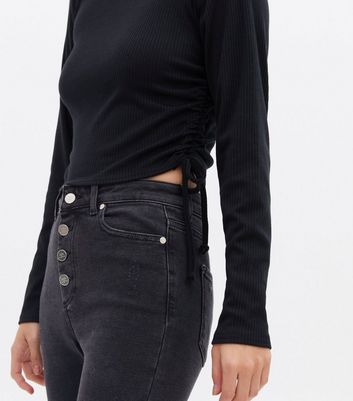 Click to view product details and reviews for Pink Vanilla Black Ribbed Roll Neck Ruched Crop Top New Look.