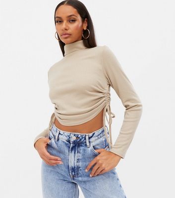 Pink Vanilla Stone Ribbed Roll Neck Ruched Crop Top New Look