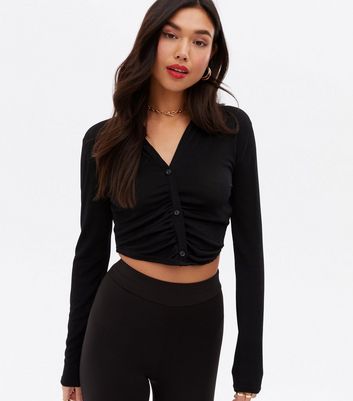 Click to view product details and reviews for Pink Vanilla Black Slinky Ruched Crop Shirt New Look.