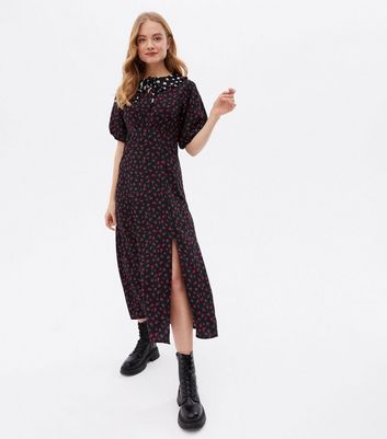 Black Mixed Floral Tie Collar Midi Dress