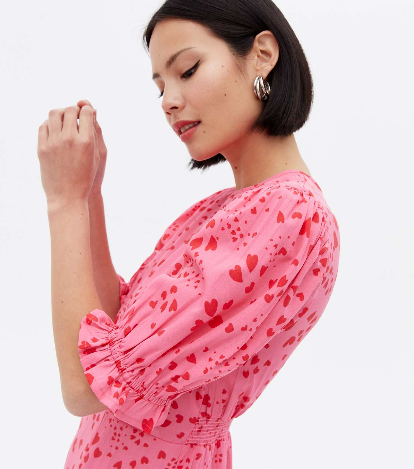 Pink Heart Keyhole Ruched Midi Dress Image 3