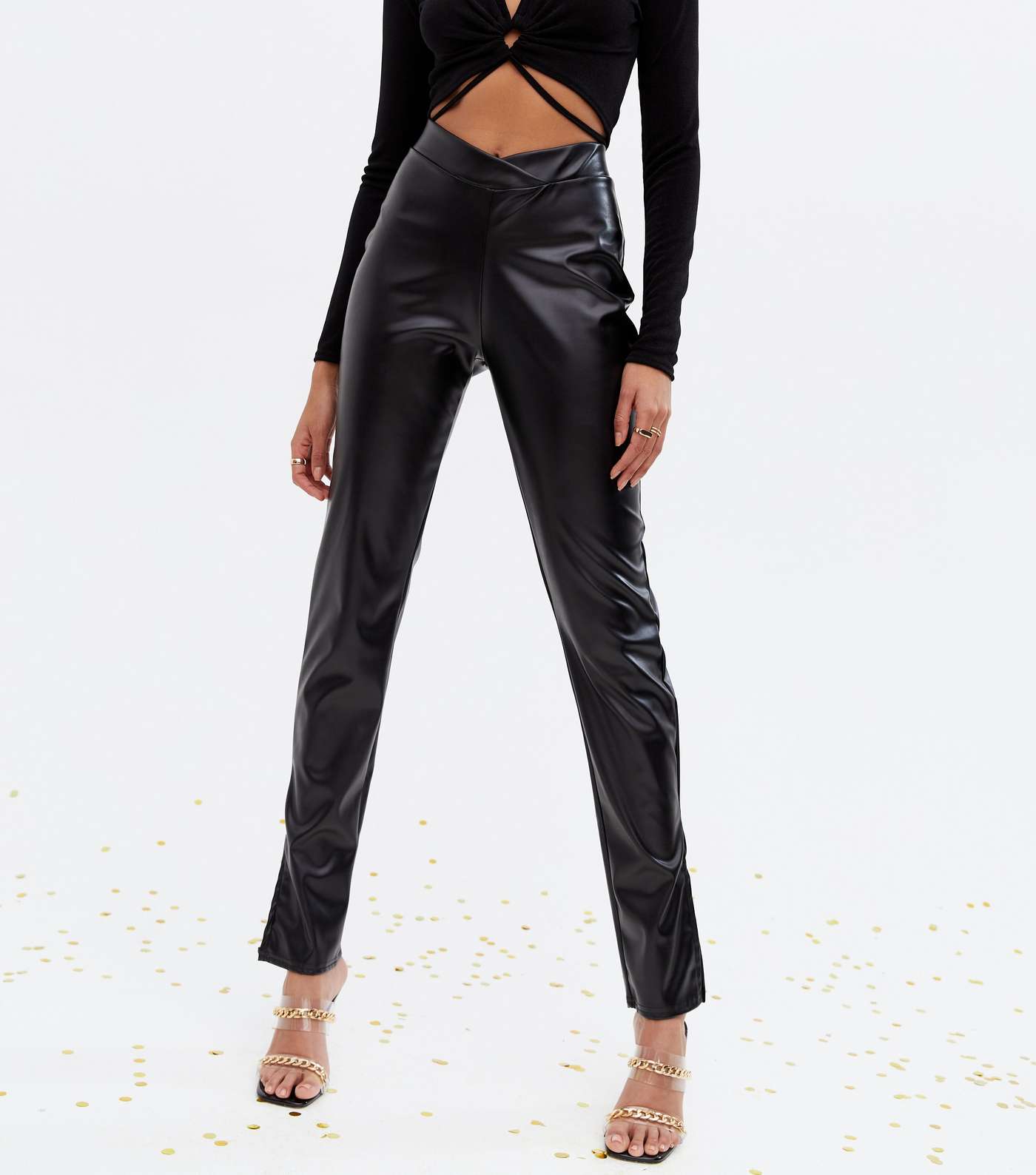 Pink Vanilla Black Leather-Look V High Waist Trousers Image 2
