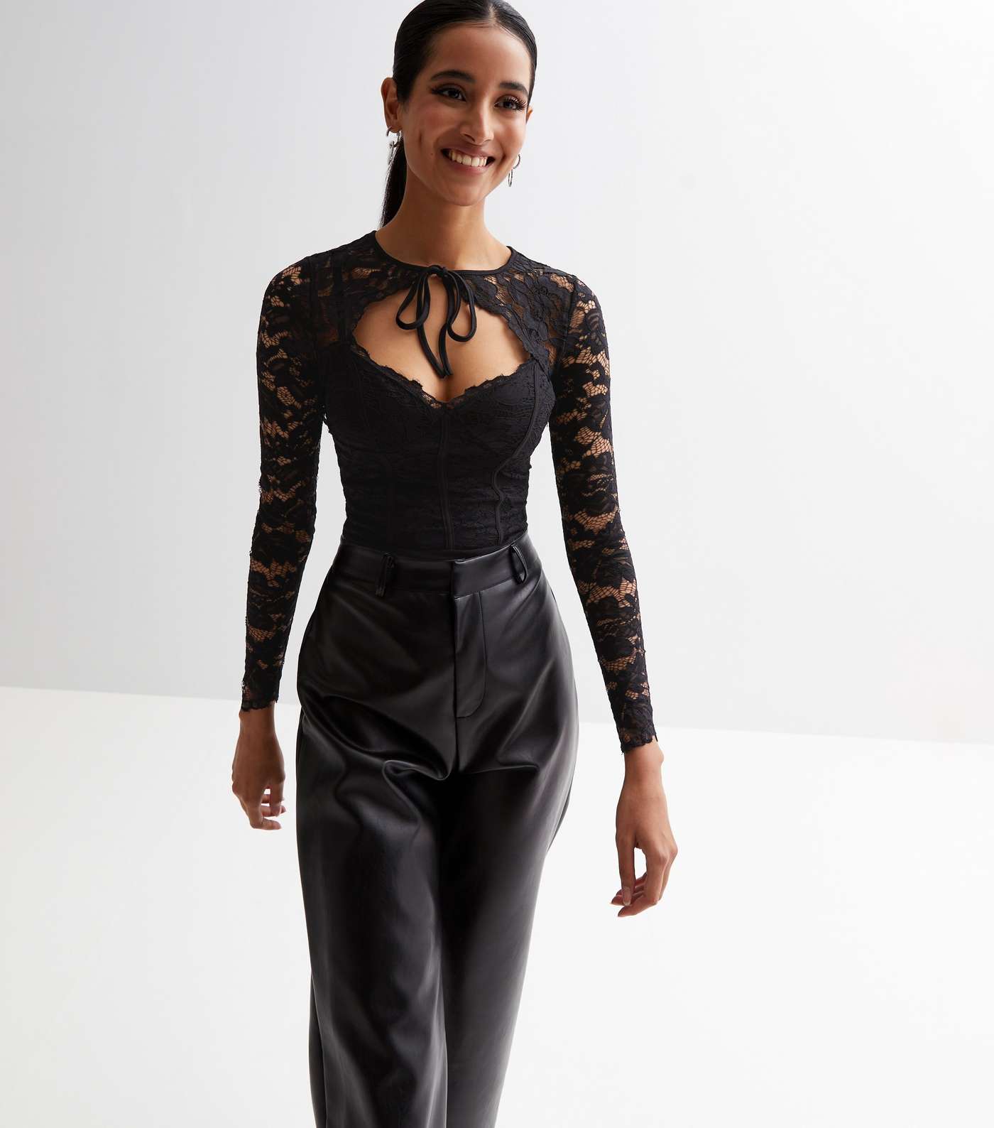 Black Lace Cut Out Tie Front Long Sleeve Bodysuit Image 2