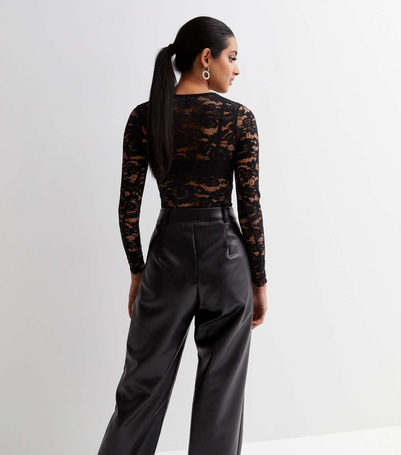 Black Lace Cut Out Tie Front Long Sleeve Bodysuit Image 4