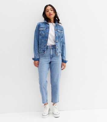 Petite Bright Blue Light Wash Waist Enhance Tori Mom Jeans