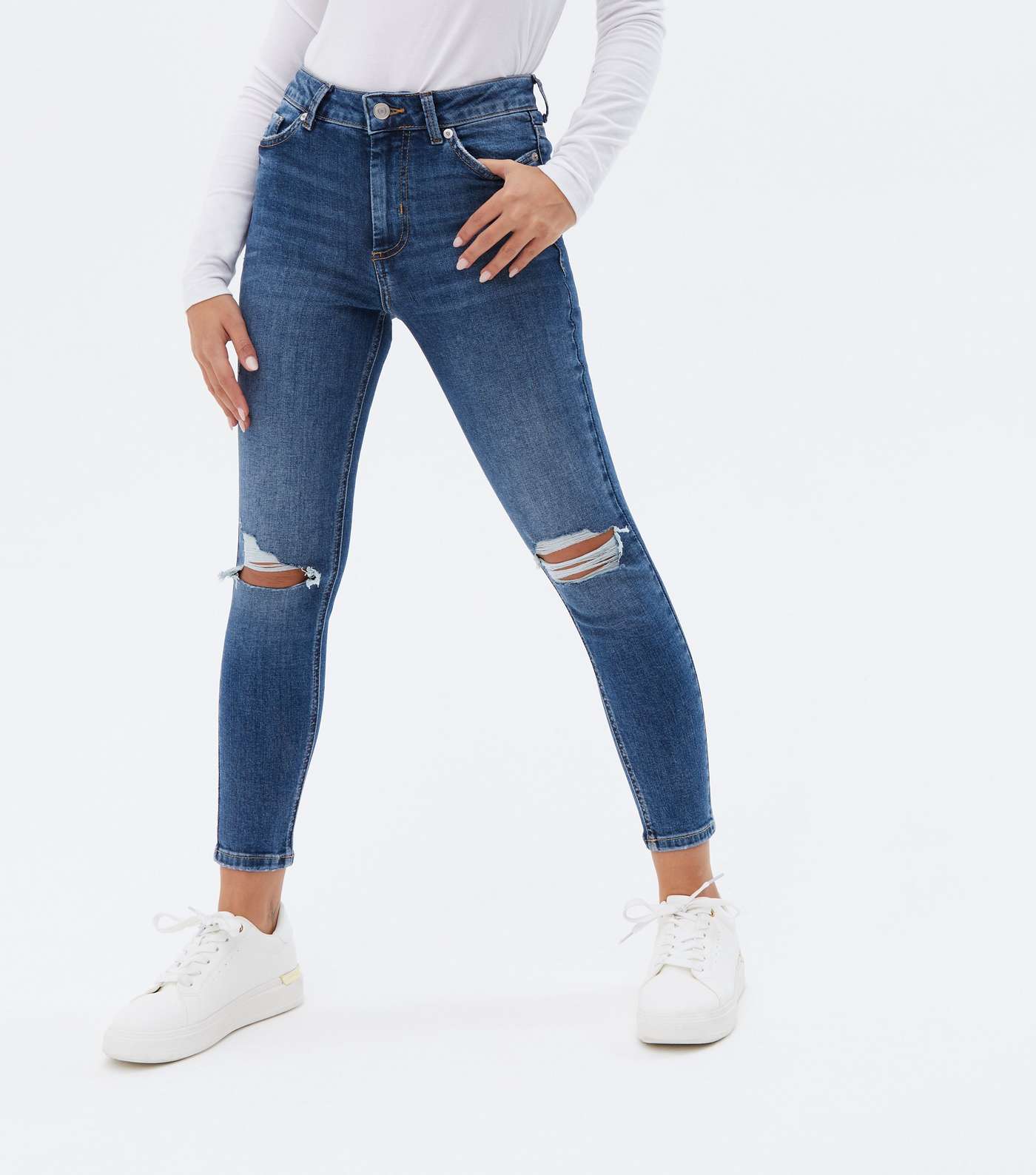 Petite Blue Ripped Knee High Waist Ashleigh Skinny Jeans Image 2
