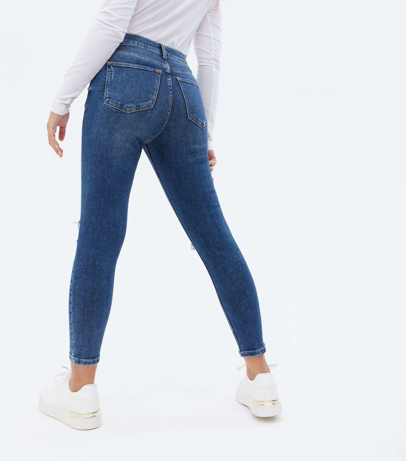Petite Blue Ripped Knee High Waist Ashleigh Skinny Jeans Image 4