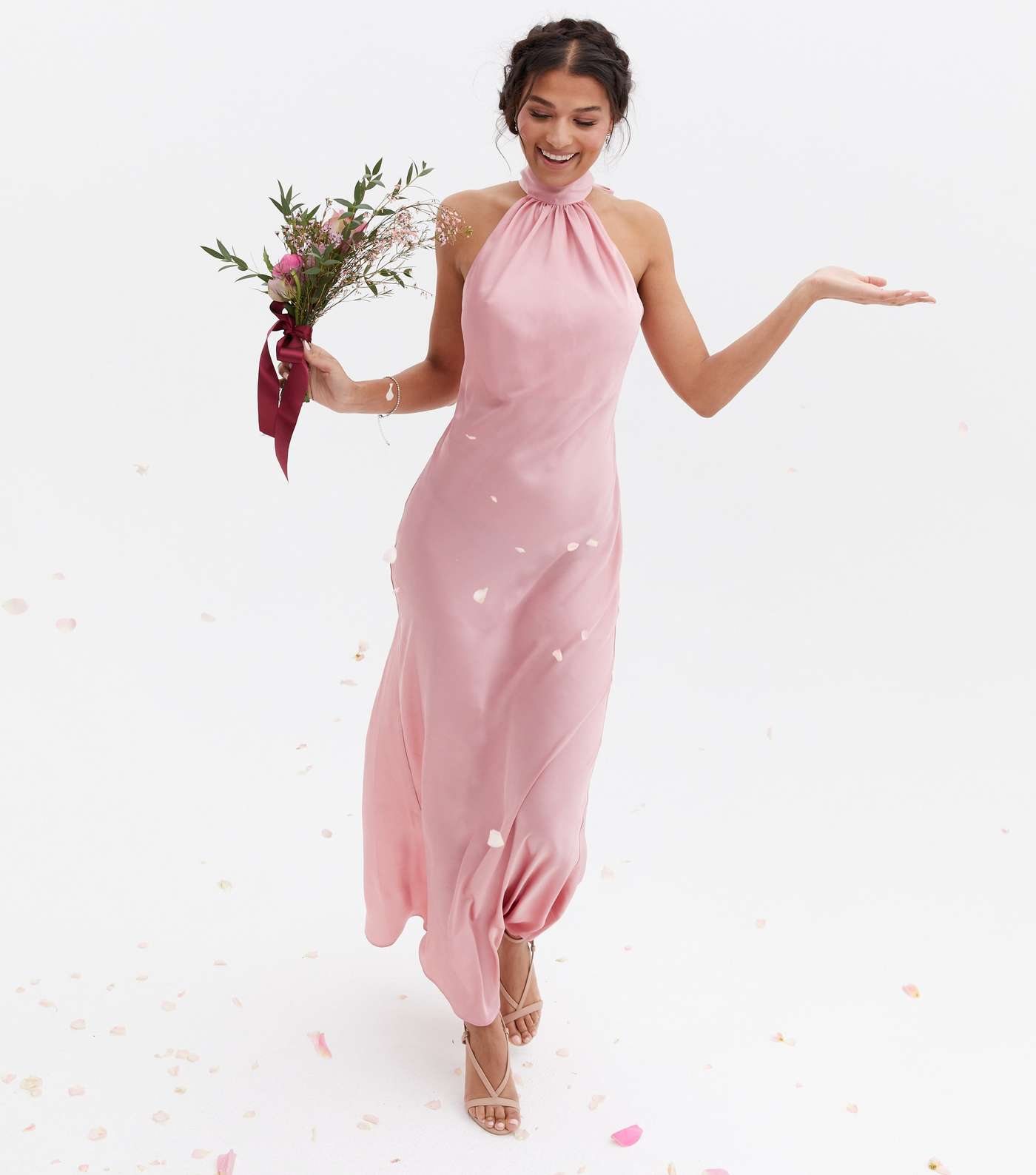 Pink Satin Halter Neck Maxi Dress Image 2