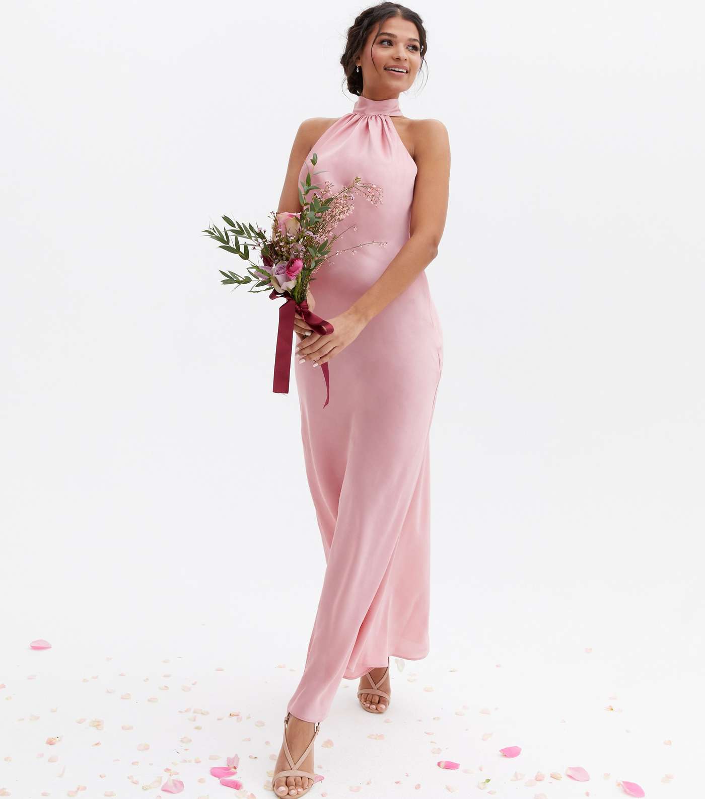 Pink Satin Halter Neck Maxi Dress Image 4