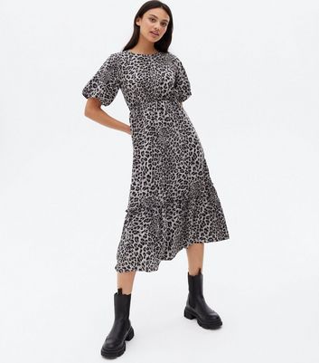 grey frill floral midi dress