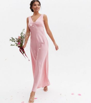 Click to view product details and reviews for Pink Satin V Neck Sleeveless Maxi Dress New Look.