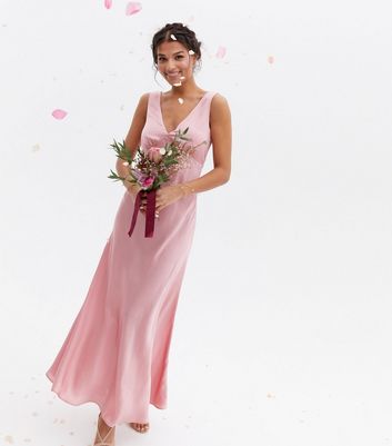 Damen Bekleidung Pink Satin V Neck Sleeveless Maxi Dress