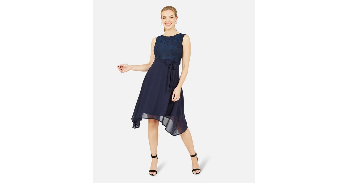 Mela Navy Lace Dip Hem Sleeveless Mini Dress | New Look