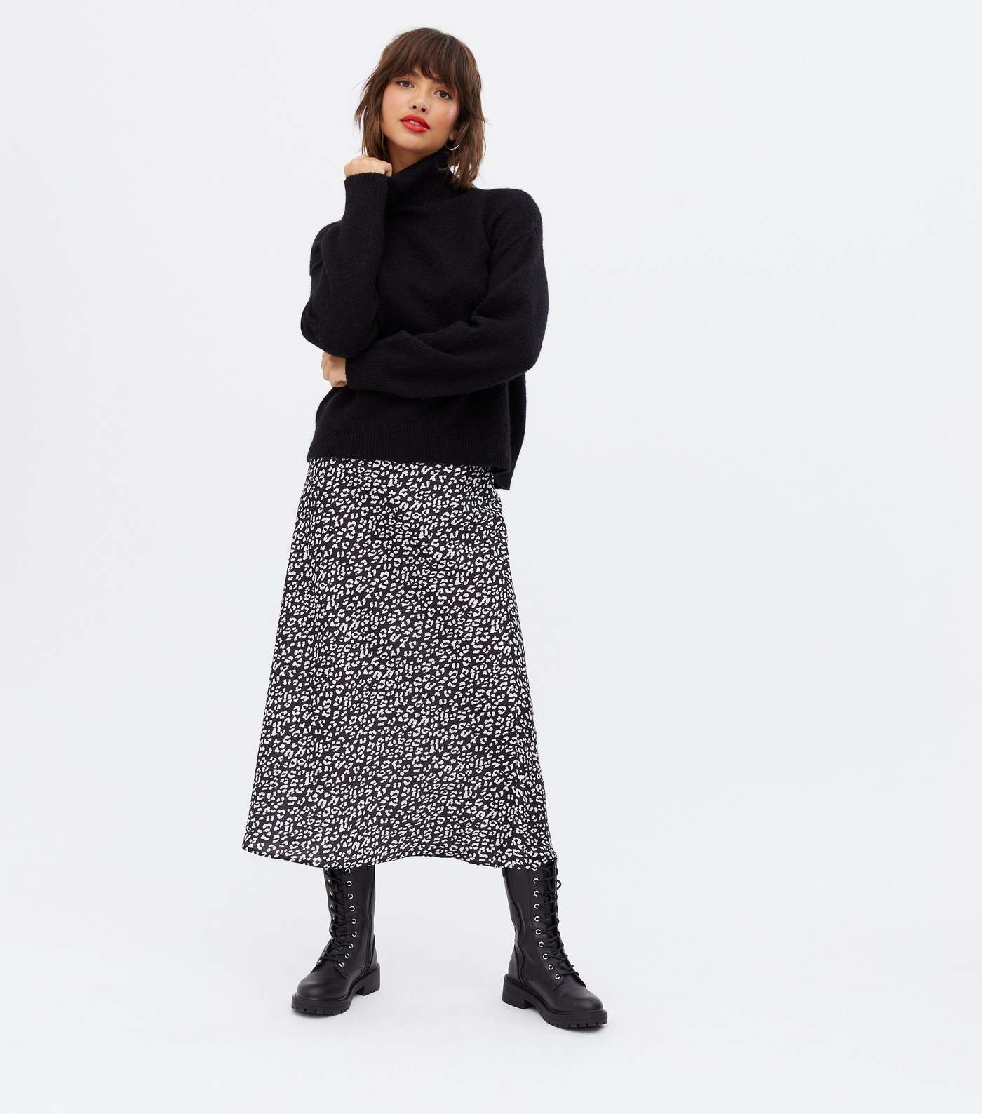 Black Leopard Print Satin Bias Cut Midi Skirt