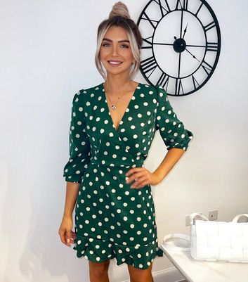 AX Paris Green Spot Frill Mini Wrap Dress | New Look