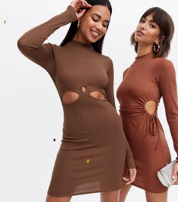 Brown Ribbed Twist Cut Out Mini Bodycon Dress New Look