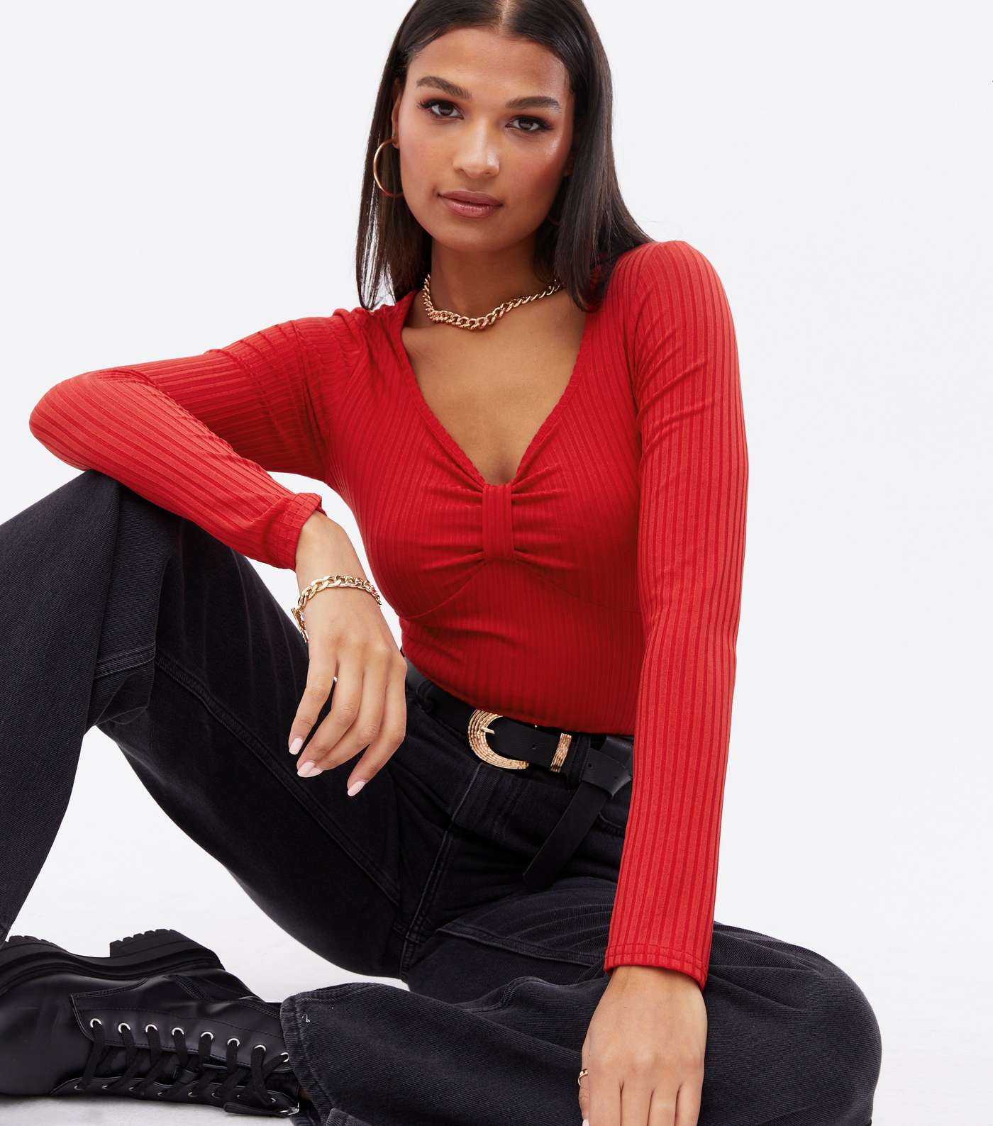 Red Ribbed Bow Front Bodysuit Image 3