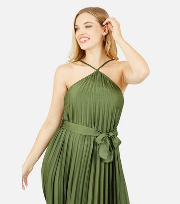 halter tie neck midi dress in pleat