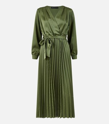 Yumi Green Satin Pleated Midi Wrap Dress New Look