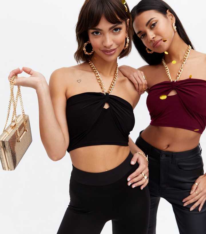 Black Chain Bustier Knot Halter Crop Top
