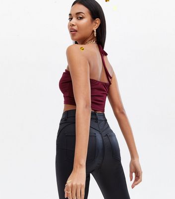 Burgundy Chain Bustier Knot Halter Crop Top New Look