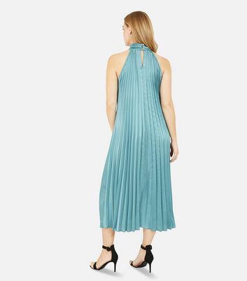 Damen Bekleidung Yumi Pale Blue Satin Pleated Midi Halter Dress