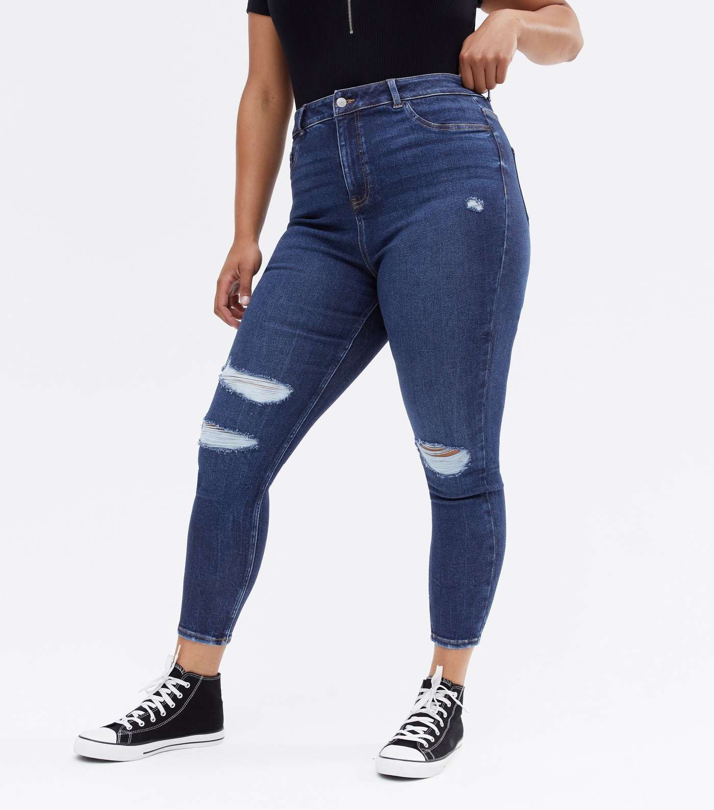 Curves Blue Rinse Wash Ripped Knee High Waist Hallie Super Skinny Jeans Image 2