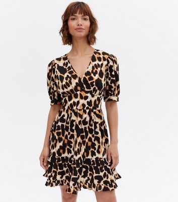 Brown Leopard Print Frill Mini Dress New Look