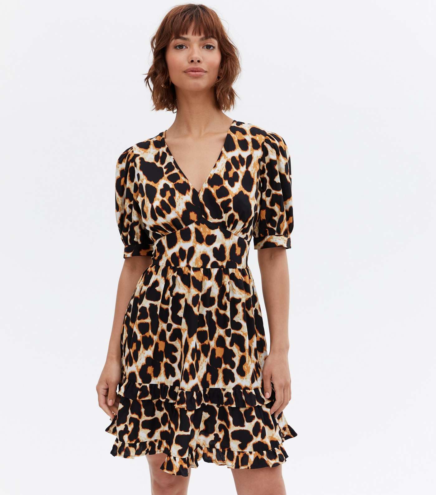 Brown Leopard Print Frill Mini Dress