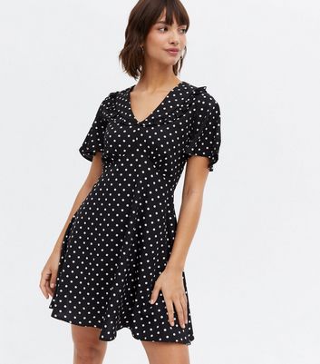 Click to view product details and reviews for Black Spot V Neck Frill Collar Mini Dress New Look.