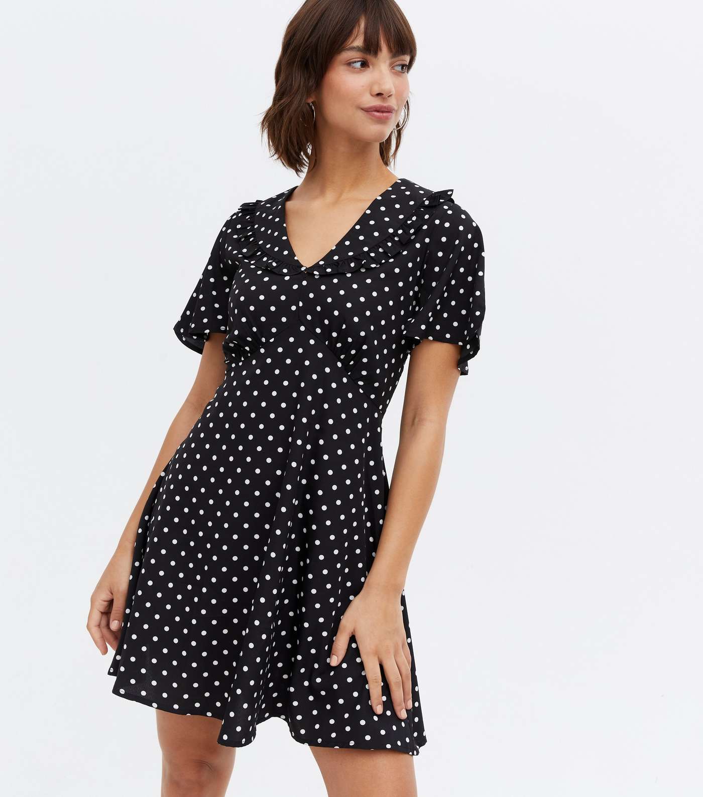 Black Spot V Neck Frill Collar Mini Dress