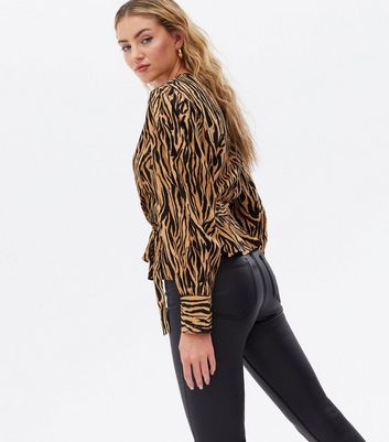 Brown Tiger Print Tie Waist Wrap Blouse New Look